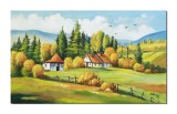 Cumpara ieftin Tablou peisaj cu case taranesti si fantana cu cumpana pictat manual, Pe plaiuri mioritice, 100x60cm ulei pe panza Constantin Feraru