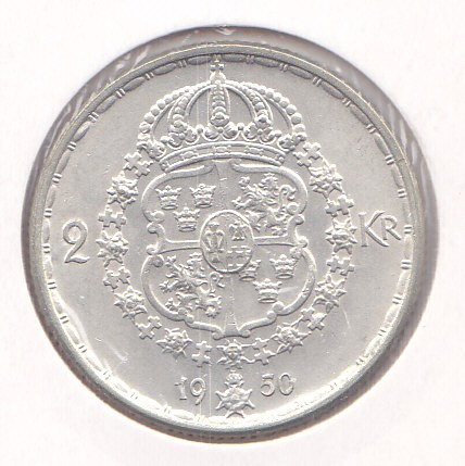 Moneda Suedia 2 Kronor 1950 - KM#815 aUNC ( argint , in holder )