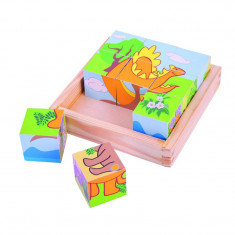 Puzzle cubic Dinozauri, 9 cuburi din lemn, 12.5 x 12.5 x 4.5 cm, 9 piese