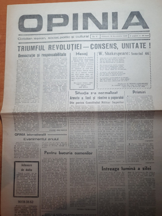 ziarul opinia 30 decembrie 1989-revolutia romana,centenar ion creanga