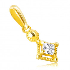 Pandantiv din aur de 14K - mic zirconiu strălucitor &icirc;n formă de pătrat &icirc;ntr-o ramă decorativă