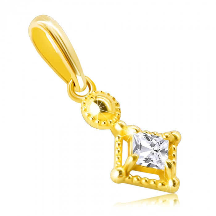Pandantiv din aur de 14K - mic zirconiu strălucitor &icirc;n formă de pătrat &icirc;ntr-o ramă decorativă