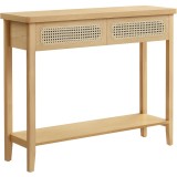 VASAGLE Consola hol 100x30x80 cm, 2 sertare, raft deschis, colturi rotunjite, stil boho, MDF si ratan PVC, bej stejar Household NewTrend