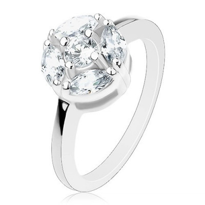 Inel strălucitor de culoare argintie, cerc decorat cu un zirconiu rotund și pietre sub formă de bob de gr&amp;acirc;u transparente - Marime inel: 57 foto