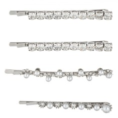 Set Agrafe de Păr, 4 Bucăți, Argintii, Strass și Mărgele, 6cm
