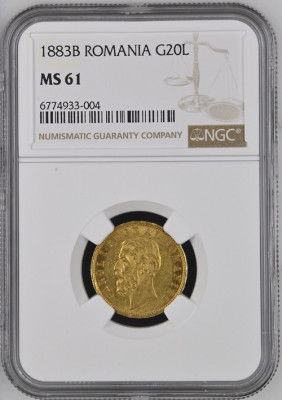 Moneda AUR 20 lei 1883, Carol I, MS 61 , gradat NGC, grad foarte bun foto