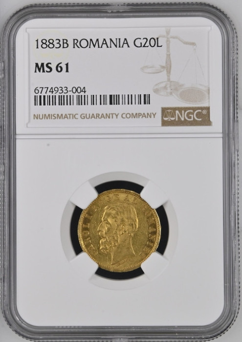 Moneda AUR 20 lei 1883, Carol I, MS 61 , gradat NGC, grad foarte bun