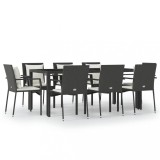 Set mobilier de gradina cu perne, 9 piese, negru, poliratan