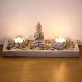 Set Decorativ cu Baza din Ciment, Figurina Buddha si Lumanari Pastila, 30x12cm, CMCLASS