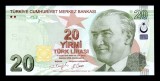 TURCIA █ bancnota █ 20 Lira █ 2009 █ P-224f █ Serie G █ UNC █ necirculata