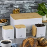 Set cutie paine si 3 recipiente pentru bucatarie, oțel-bambus, alb, KingHoff