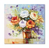 Tablou 3D vaza cu trandafiri stilizati pictat manual, 50x50cm ulei pe panza, Valentin Pop