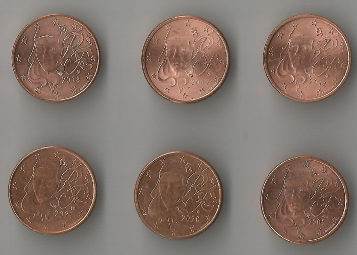 Franta, set 6 monede 1 eurocent, 2009 - 2020