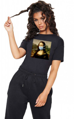 Tricou dama negru - Mona Lisa in Pandemie - 2XL foto