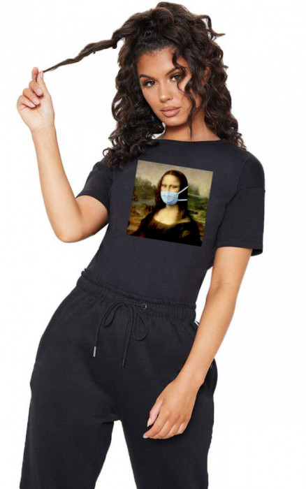 Tricou dama negru - Mona Lisa in Pandemie - 2XL