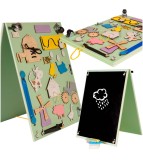 Jucarie educativa, tabla senzoriala cu doua fete, din lemn, model ferma, 28 x 37,5 x 50 cm, Oem