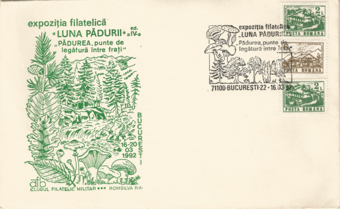 Rom&acirc;nia, Expoziţia filatelică &quot;Luna pădurii&quot;, plic, Bucureşti, 1992