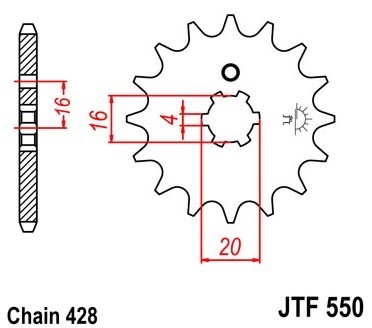 Pinion fata 16 dinti pas lant 428 - Yamaha DT 80 LC1 (83-84) - DT 80 LC2 (85-97) 2T LC 80cc