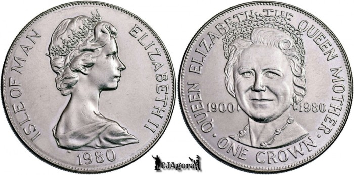 1980 PM, 1 Crown - Elisabeta a II-a - Regina Mamă - Insula Man - Britanice