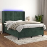Pat cu arcuri, saltea și LED, verde &icirc;nchis, 140x190 cm, catifea