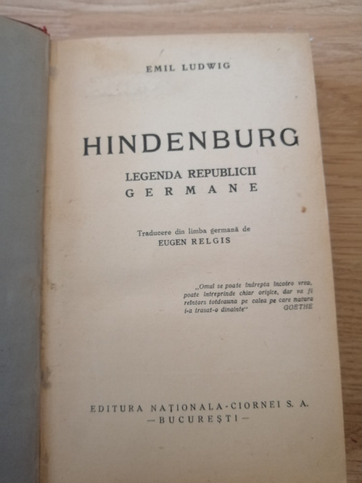 Emil Ludwig - Hindenburg, Editura: Nationala Ciornei, 1934