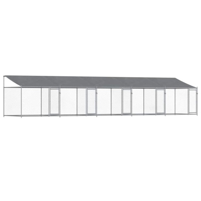Cusca caini cu acoperis si usi, gri, 10x2x2 m, otel galvanizat