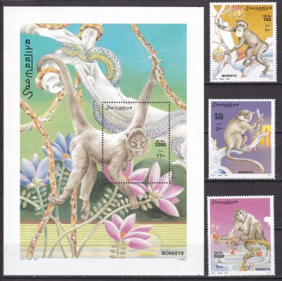 Somalia 2002 fauna maimute MI 942-944 + bl.90 MNH foto