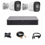 Kit de supraveghere Uniview cu 2 camere 5 Megapixeli, Infrarosu 20M, DVR Hibrid cu 4 canale 5MP, accesorii