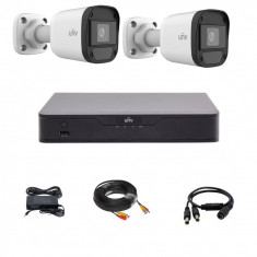 Kit de supraveghere Uniview cu 2 camere 5 Megapixeli, Infrarosu 20M, DVR Hibrid cu 4 canale 5MP, accesorii SafetyGuard Surveillance