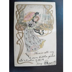 Carte postala tanara cu umbrela, inceput de secol XX