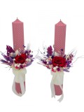 Set lumanari colorate pentru nunta sau botez cu aranjament frontal cu trandafir criogenat, plante uscate si frunza de palmier, 40 cm (Rosu, Roz, Lila), Eventissimi&reg;