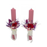 Set lumanari colorate pentru nunta sau botez cu aranjament frontal cu trandafir criogenat, plante uscate si frunza de palmier, 40 cm (Rosu, Roz, Lila)