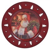 Platou Decorativ Craciun, Mos Craciun si Brazi, Plastic, Rosu, Diametru 33 cm, Oem