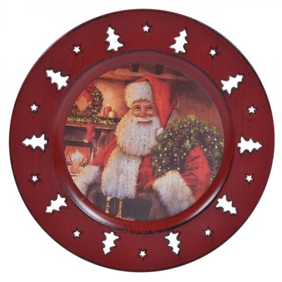 Platou Decorativ Craciun, Mos Craciun si Brazi, Plastic, Rosu, Diametru 33 cm foto