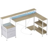 HOMCOM Birou de colț cu prize și lumini LED RGB, birou de calculator, 172 x 100 cm, suport ecran, 2 sertare, alb | Aosom Romania