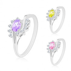 Inel cu brațe despicate, arce compuse din zirconii transparente, zirconiu oval colorat - Marime inel: 52, Culoare: Roz