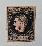 Romania 1866/1867 LP 20 REGELE CAROL I CU FAVORITI 20 PARALE TIP II - HARTIE ROZ SUBTIRE - NESTAMPILAT (T249)