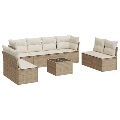 Set canapele de gradina, 9 piese, cu perne, bej, poliratan foto