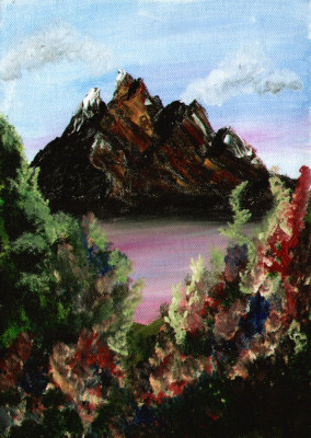 Muntele vrajit - acrilic pe panza, peisaj, pictura originala 21x29cm foto
