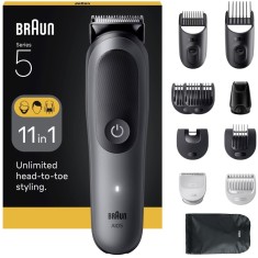 Aparat de tuns multifunctional Braun All-in-One Seria 5 AIO5560, 11-in-1, Lama ultra ascutita, 7 Piepteni, 1 Mini Cap de ras, 1 Cap tuns SkinGuard, 1