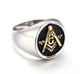 Inel masonic argintiu cu simbol auriu Echer si compas cu litera G - MM980