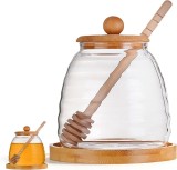 Borcan sticla pentru depozitare Miere, capac si suport bambus, 500 ml