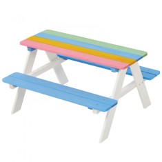Set de gradina GINGER HOME masa de picnic pentru copii cu banci din lemn jocuri in aer liber model RAINBOW dimensiuni 89x79x50 cm.