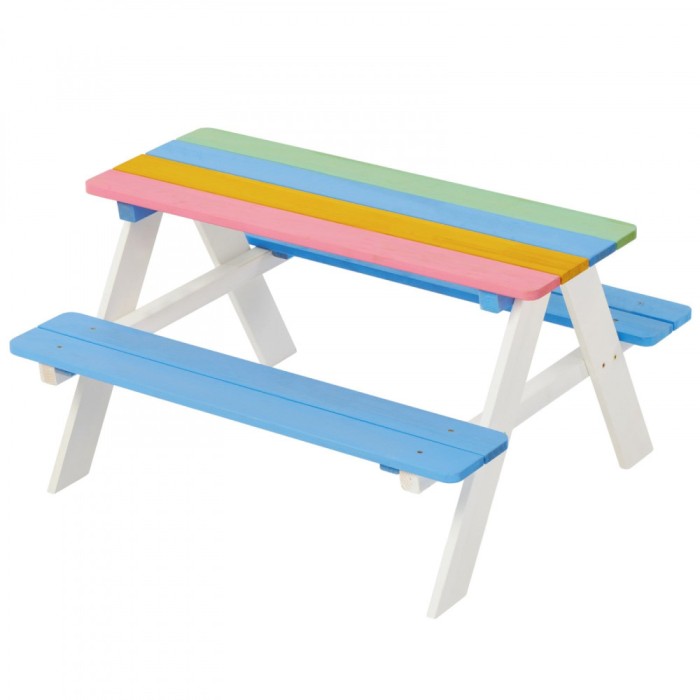 Set de gradina GINGER HOME masa de picnic pentru copii cu banci din lemn jocuri in aer liber model RAINBOW dimensiuni 89x79x50 cm.