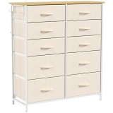 HOMCOM Comodă cu 10 sertare din material textil, mobilier de depozitare cu 4 buzunare, 2 c&acirc;rlige, cadru din oțel, 80 x 30 x 94,5 cm, bej | Aosom Roman
