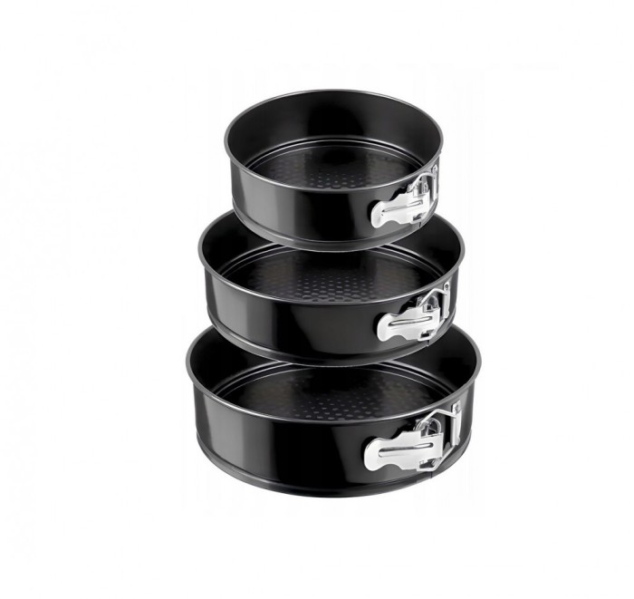 Set 3 forme rotunde pentru tort, otel carbon, antiaderent, negru