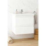 Baza si lavoar ceramic GN7861, mobilier baie suspendat 60 cm, dreptunghiular, front MDF, sertare soft close, alb