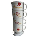 Set 4 cesti de cafea cu suport de metal, love you, 150ml