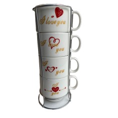 Set 4 cesti de cafea cu suport de metal, love you, 150ml