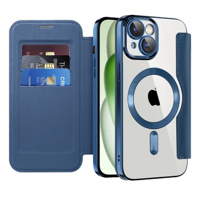 Husa MagSafe pentru Apple iPhone 15 Plus, Techsuit, SmartMag Book, Albastra foto